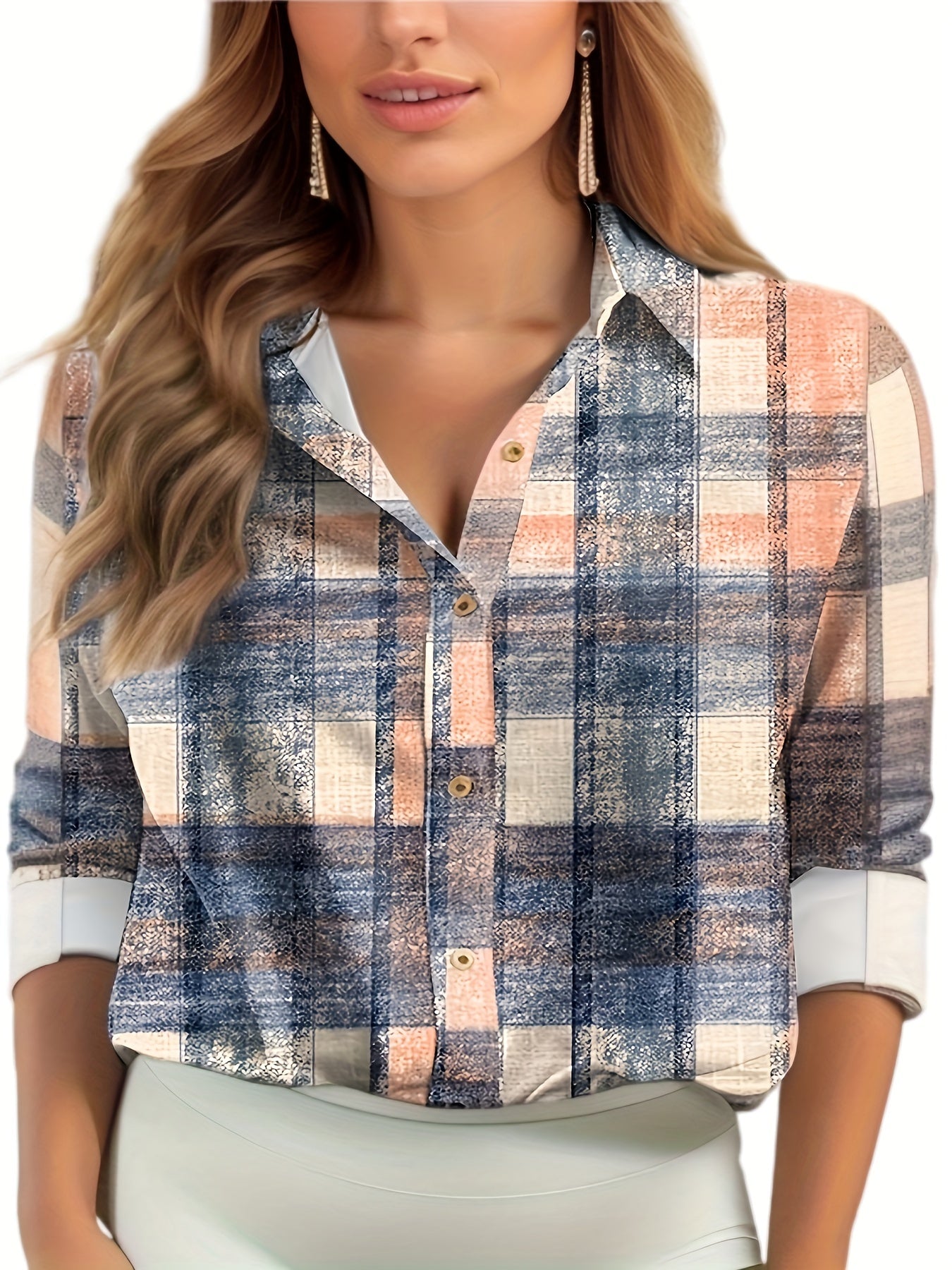 Distressed Plaid Print Long Sleeve Button-Up Shirt