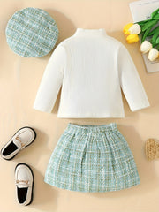 3pcs Toddler Girls Long Sleeve Top & Plaid Skirt & Hat Set
