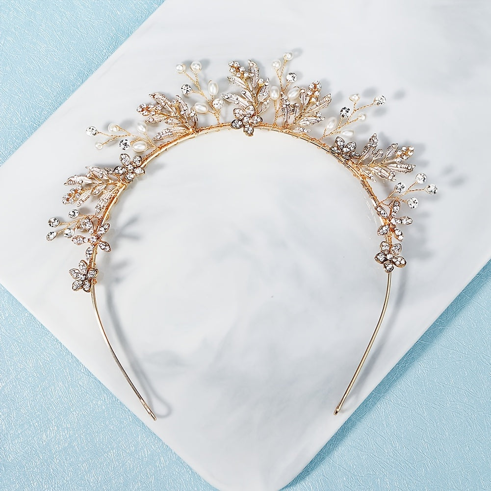 Golden Leaf Crown Hairband Headband Faux Pearl Tiara