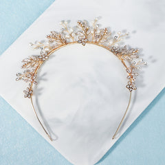 Golden Leaf Crown Hairband Headband Faux Pearl Tiara