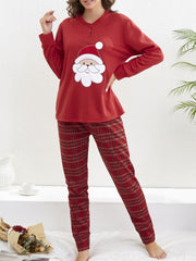 Christmas Print Pajama Set Long Sleeve Top & Plaid Pants