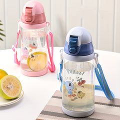 400ml Cartoon Plastic Straw Water Cup Leakproof Bottle with Shoulder Strap