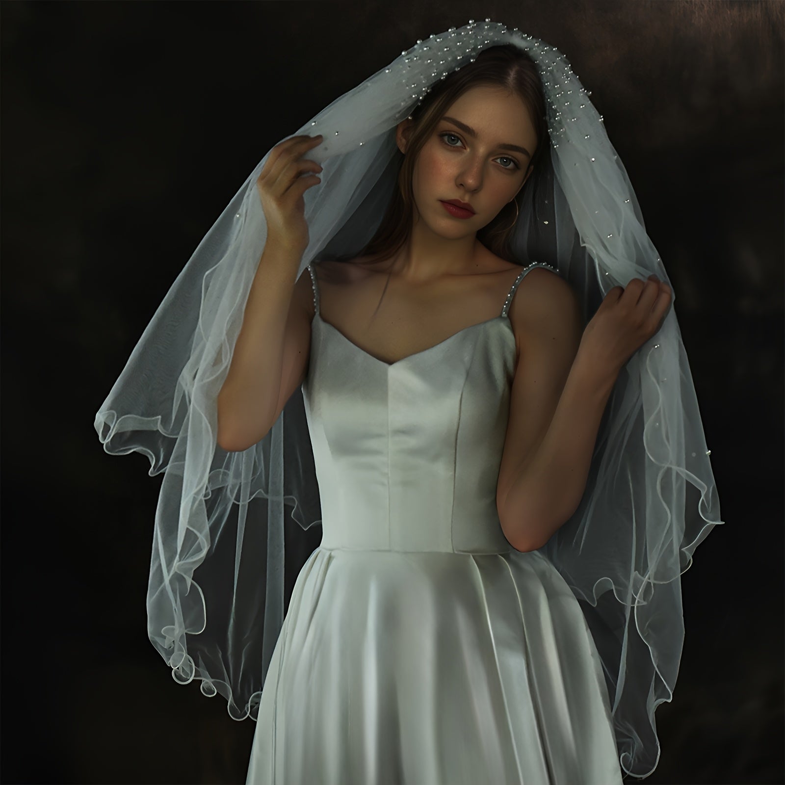 Double Layer Bridal Veil with Faux Pearls & Wavy Edge 1 Meter Long