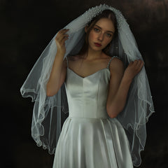 Double Layer Bridal Veil with Faux Pearls & Wavy Edge 1 Meter Long