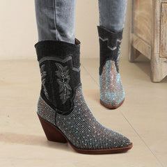 Women's Rhinestone Chunky Boots Embroidered Western Slip-On Dress Boots