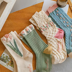 4 Pairs Floral Socks Set Women Flower Ankle Lucky Socks