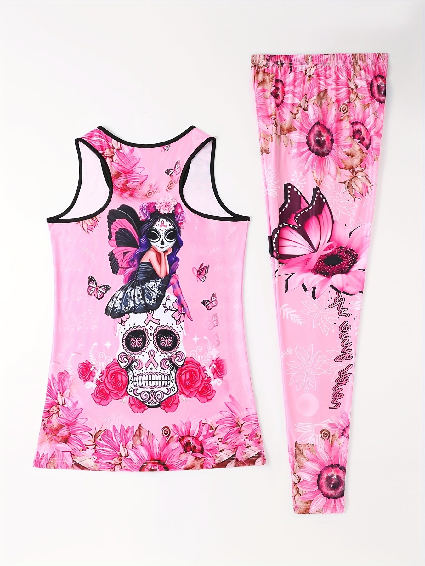Floral & Skull Print Two piece Set Tank Top & Skinny Pants