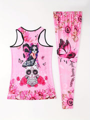 Floral & Skull Print Two piece Set Tank Top & Skinny Pants