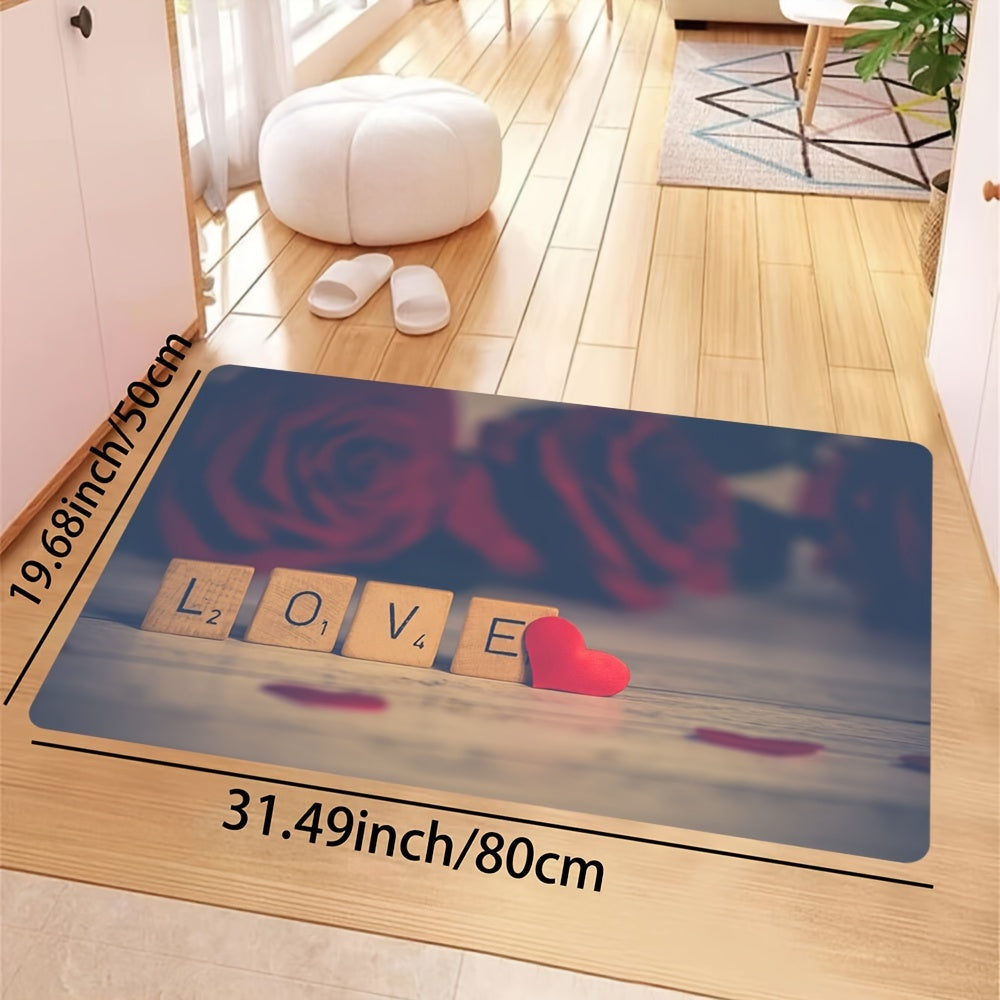 Romantic Letter Print Rug Red Rose Heart Washable Kitchen Dining Room Decor