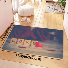 Romantic Letter Print Rug Red Rose Heart Washable Kitchen Dining Room Decor