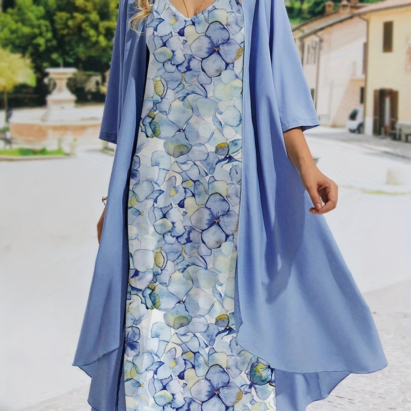 Spring & Fall 2pc Set Solid Open Front Coat & Floral Print Dress