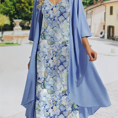 Spring & Fall 2pc Set Solid Open Front Coat & Floral Print Dress