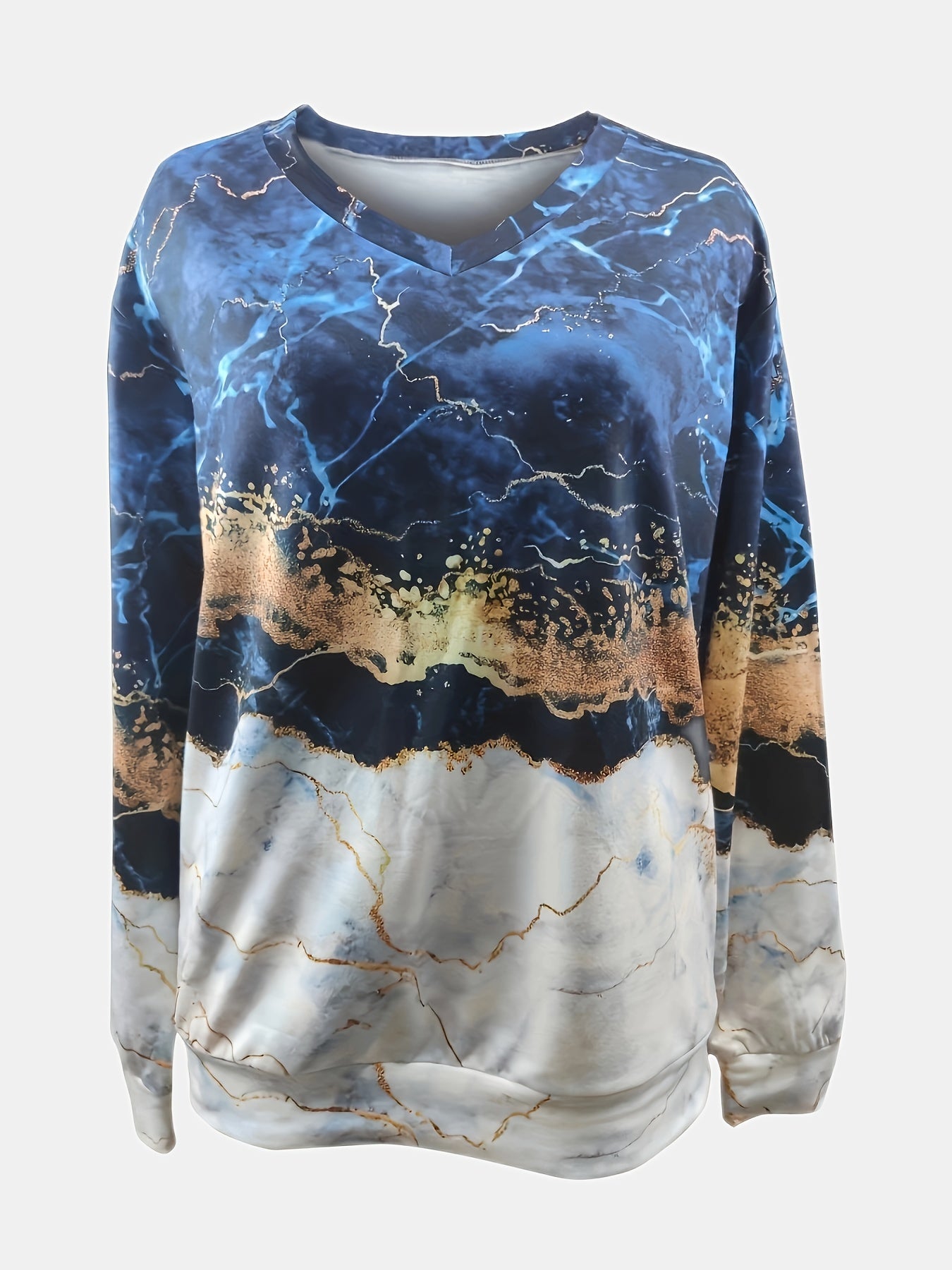 Marble Print V Neck Sweatshirt Long Sleeve Women's Clothing