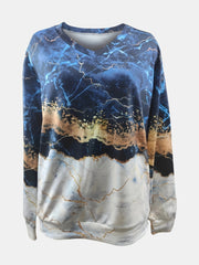 Marble Print V Neck Sweatshirt Long Sleeve Women's Clothing