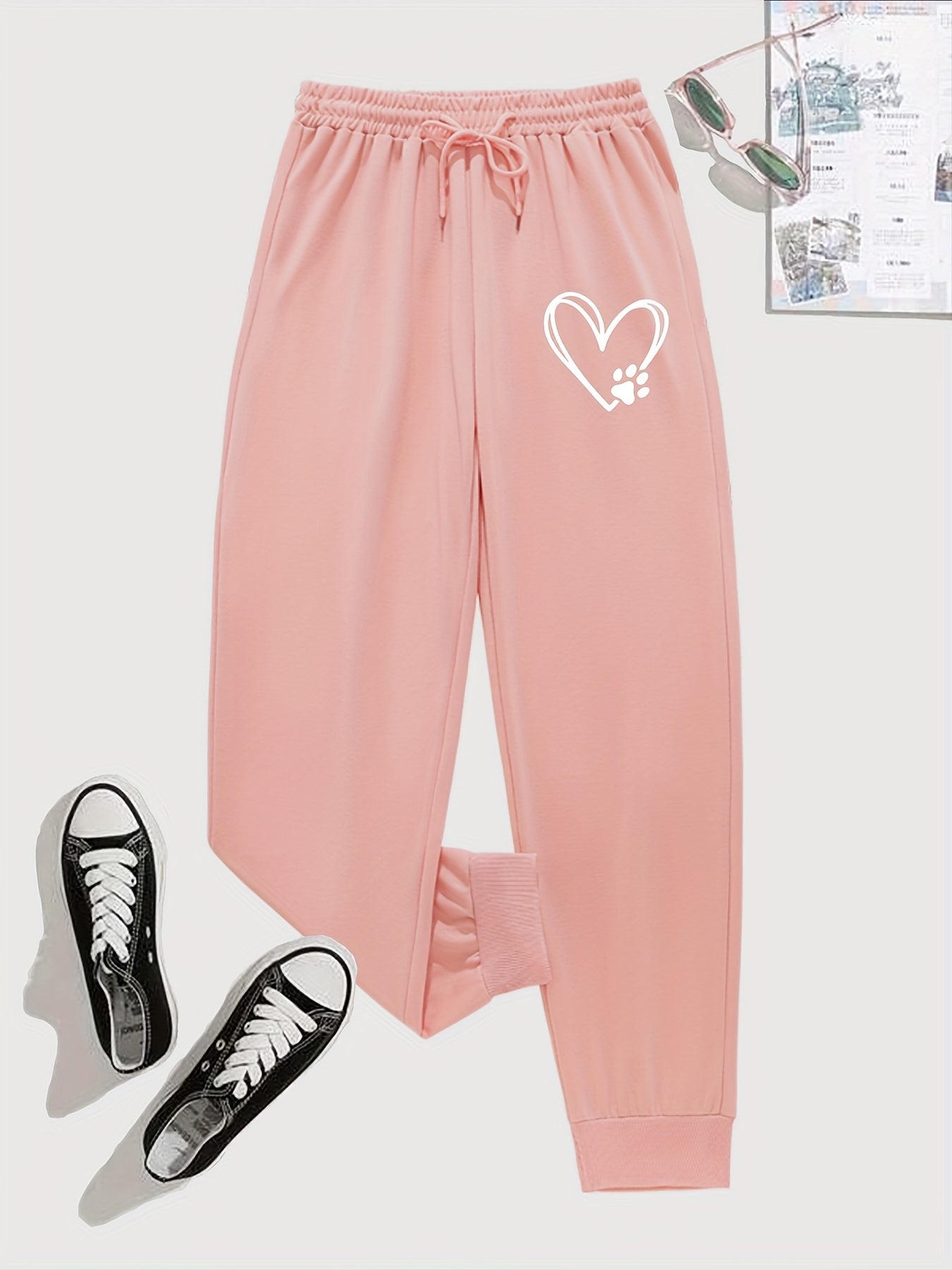 Heart & Paw Print High Waist Pants Casual Elastic Waist Pants