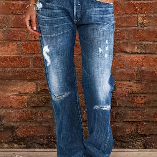 Women's Plus Washed Button Fly Ripped High Rise Wide Leg Jeans
