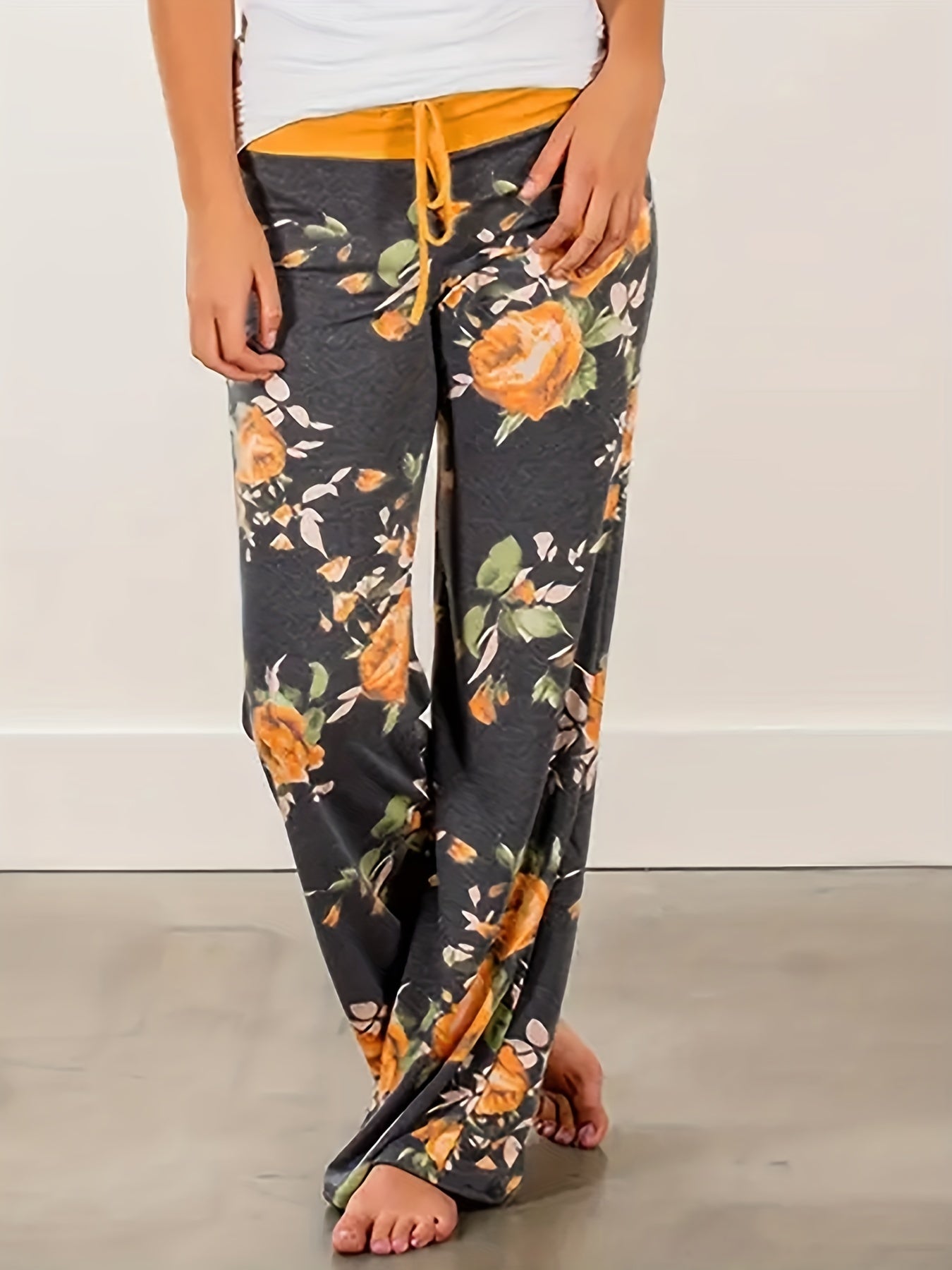 Vintage Floral Print Casual Drawstring Waist Long Pants