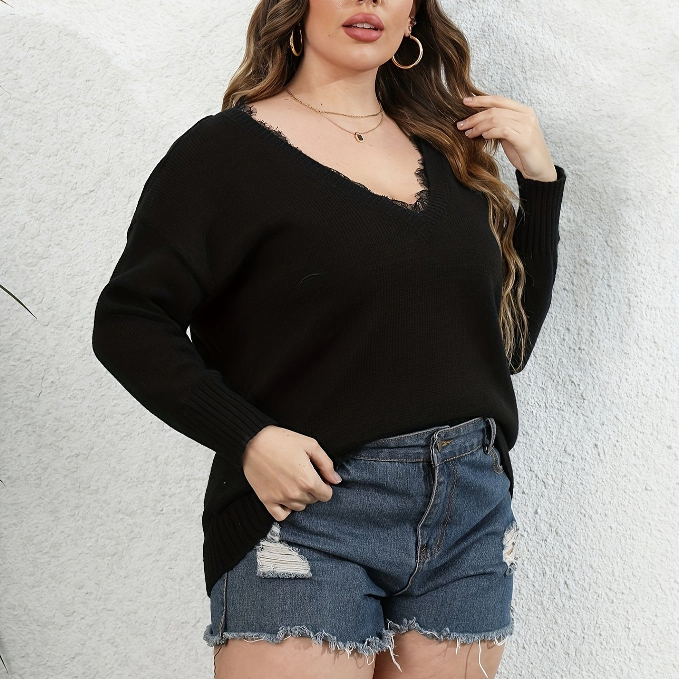 Lace Long Sleeve V Neck Jumper