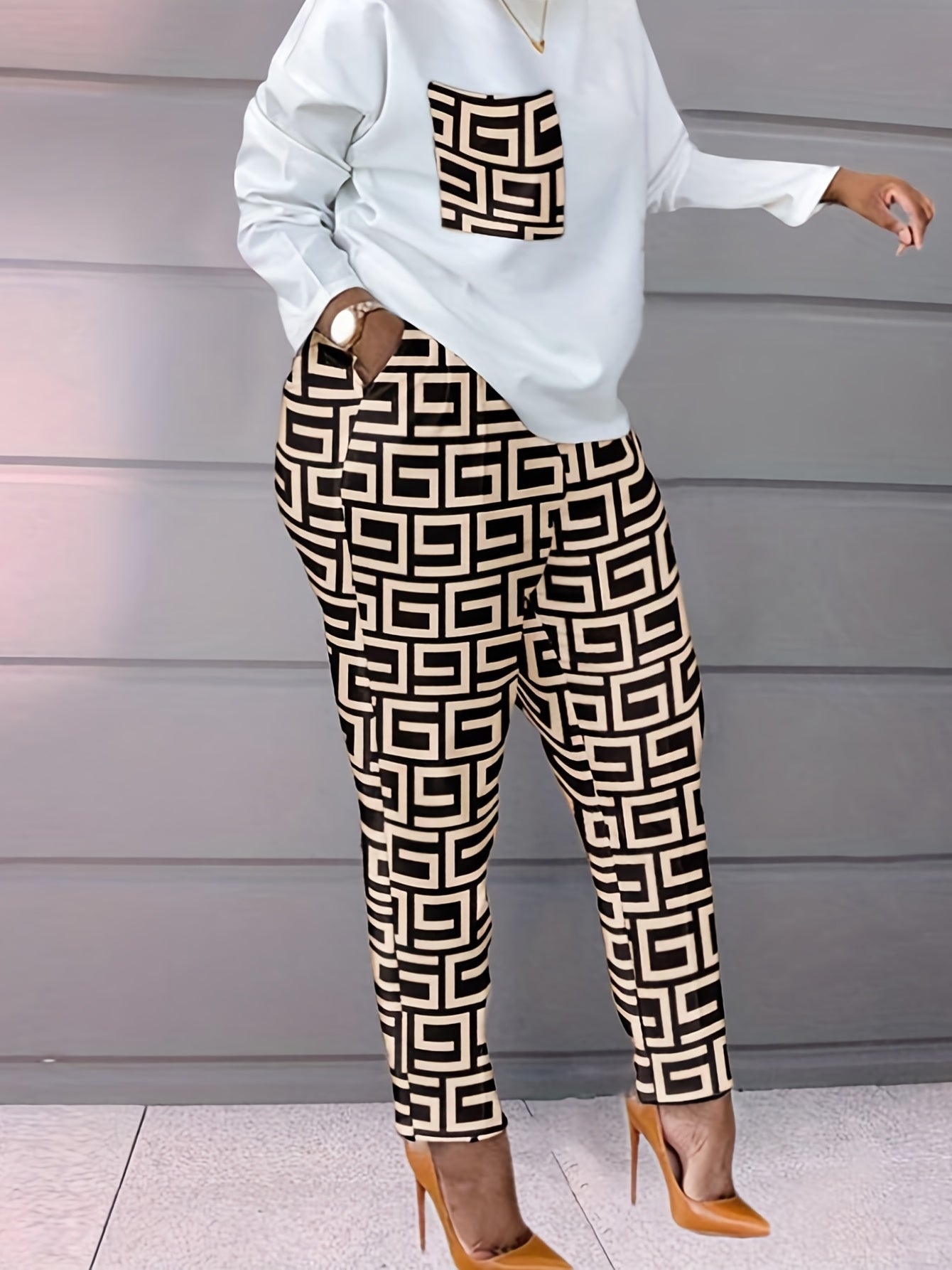 Women's Plus Geometric Print Top & Pants Set