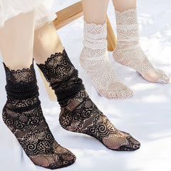 Floral Lace Mesh Ruffle Trim Slouch Socks Women's Stockings