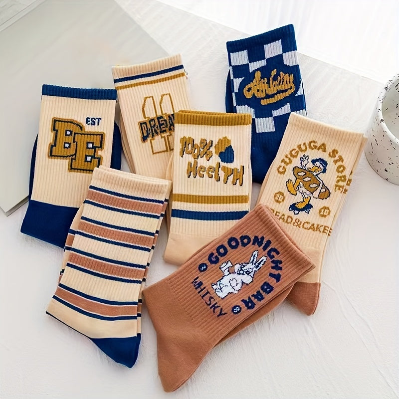 7 Pairs Letter Print Mid Tube Socks