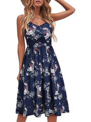 Floral Print V-neck Spaghetti Dress Backless Cami Dress