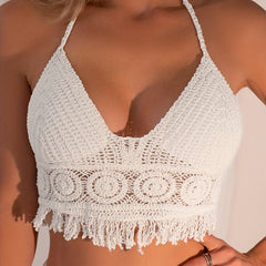 Bohemia Crochet Fringe Top Halter Tie Neck Backless Crop Top