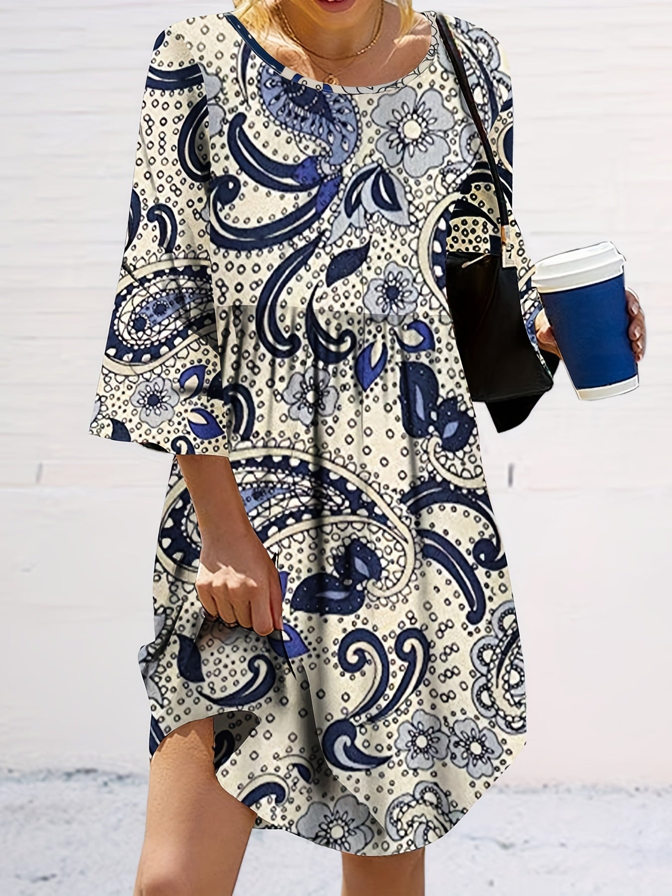 Paisley Print 3/4 Sleeve Round Neck Loose Fit Top