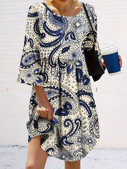 Paisley Print 3/4 Sleeve Round Neck Loose Fit Top