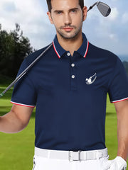 Men's Golf Print Polo Shirt Casual Stretch Lapel Button Short Sleeve