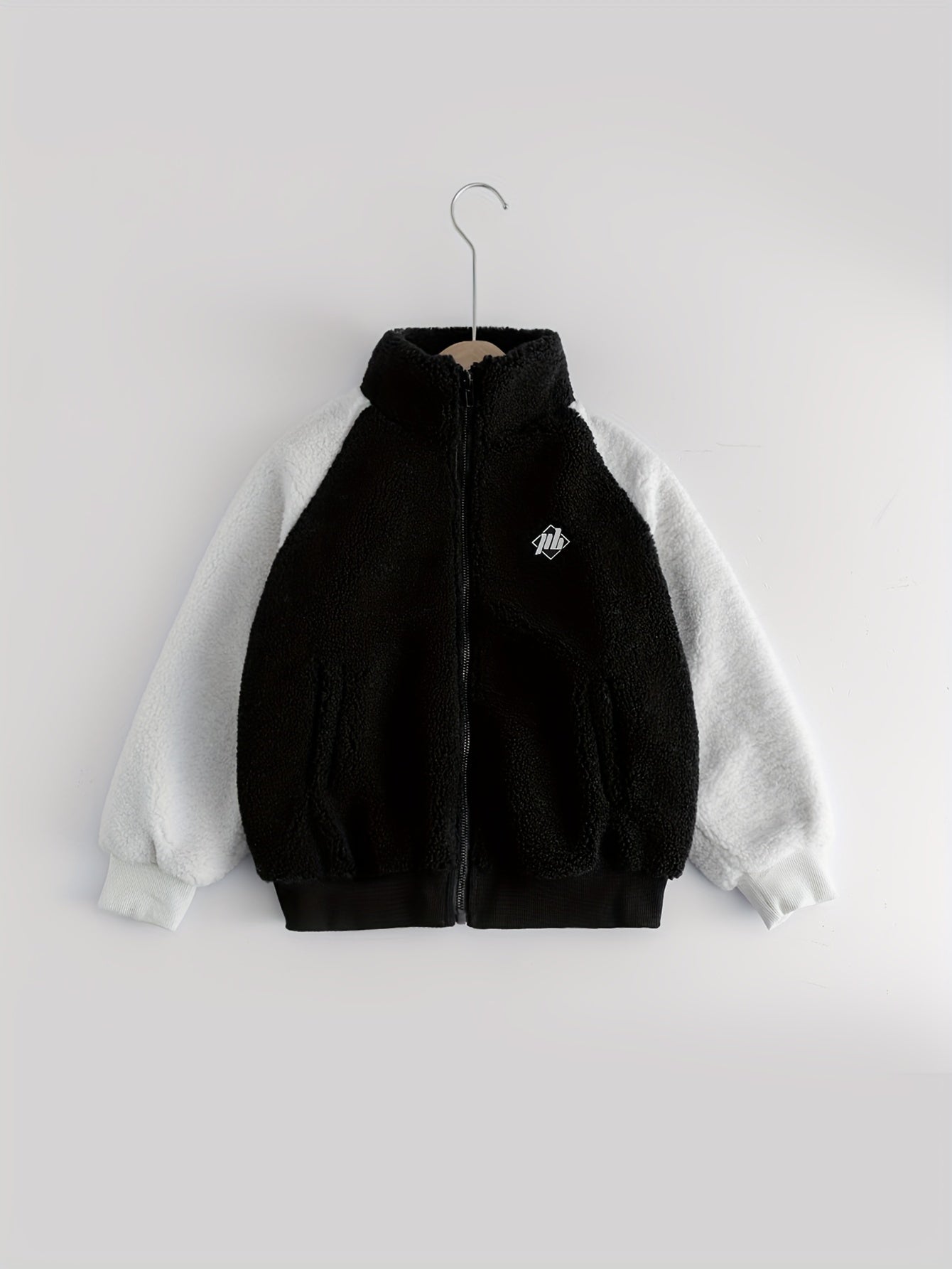 Boys Fuzzy Fleece Jacket Letter Patchwork Stand Collar Kids Warm Zipper Coat