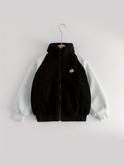Boys Fuzzy Fleece Jacket Letter Patchwork Stand Collar Kids Warm Zipper Coat