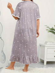 Plus Size Nightdress Women's Plus Stripe & Heart Print Short Sleeve