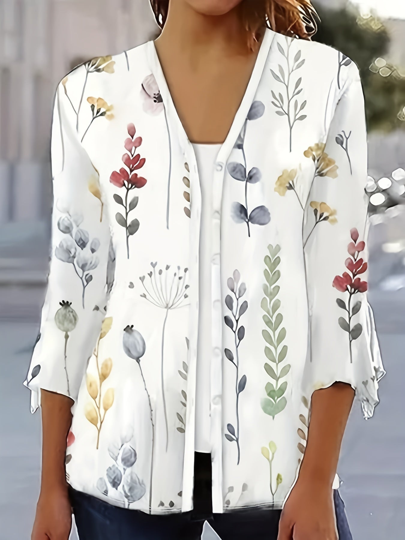 Floral Print Button Up Bell Sleeve V Neck Top