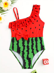 Toddler Girls Watermelon Asymmetrical Neck One Piece Swimsuit