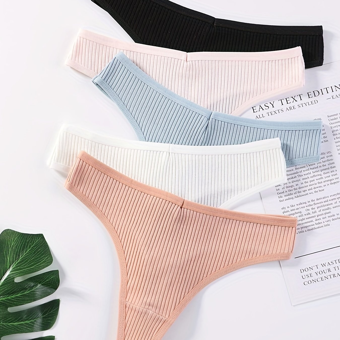 5pcs Solid Ribbed Thongs Soft & Comfy Stretchy Intimates Panties