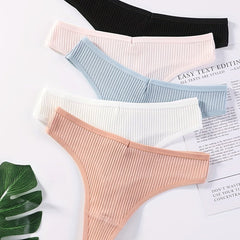 5pcs Solid Ribbed Thongs Soft & Comfy Stretchy Intimates Panties