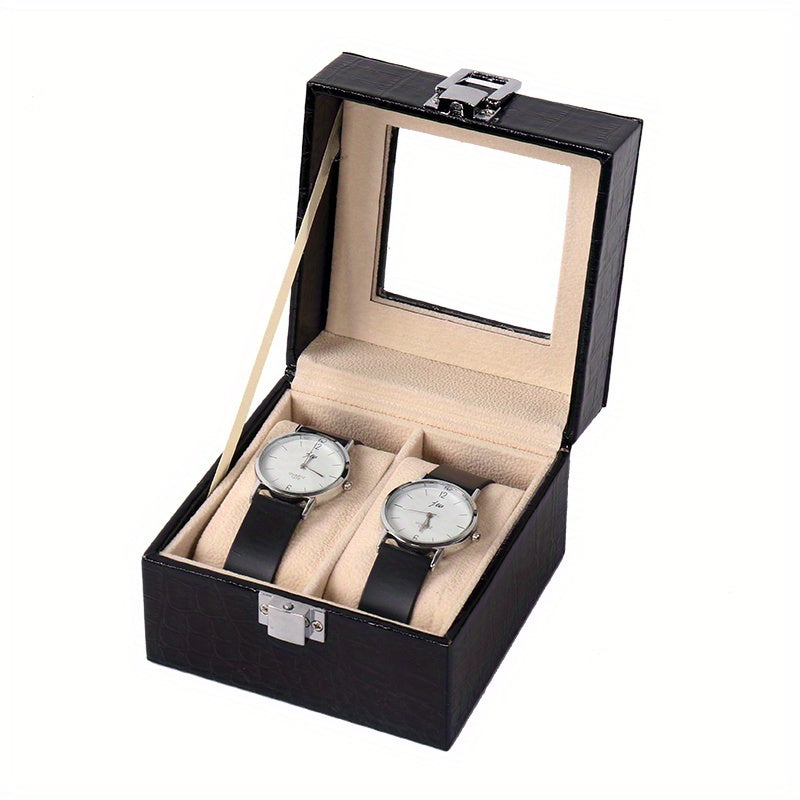 3 Slot PU Leather Watch Box Display with Lock Glass Top Jewelry Storage