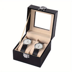3 Slot PU Leather Watch Box Display with Lock Glass Top Jewelry Storage