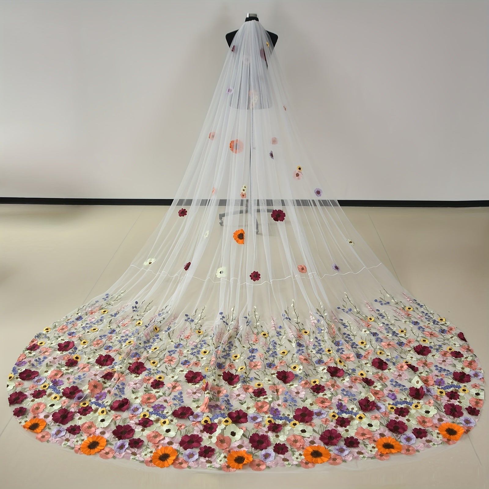 Bridal Veil with 3D Floral Embellishments Long Train Romantic Wedding Accessory
