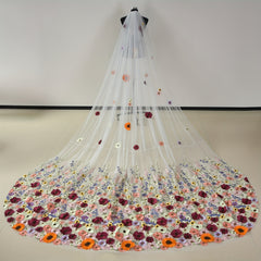 Bridal Veil with 3D Floral Embellishments Long Train Romantic Wedding Accessory
