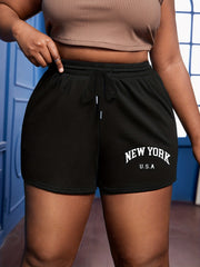 Art Letter Print Elastic Drawstring Casual Shorts