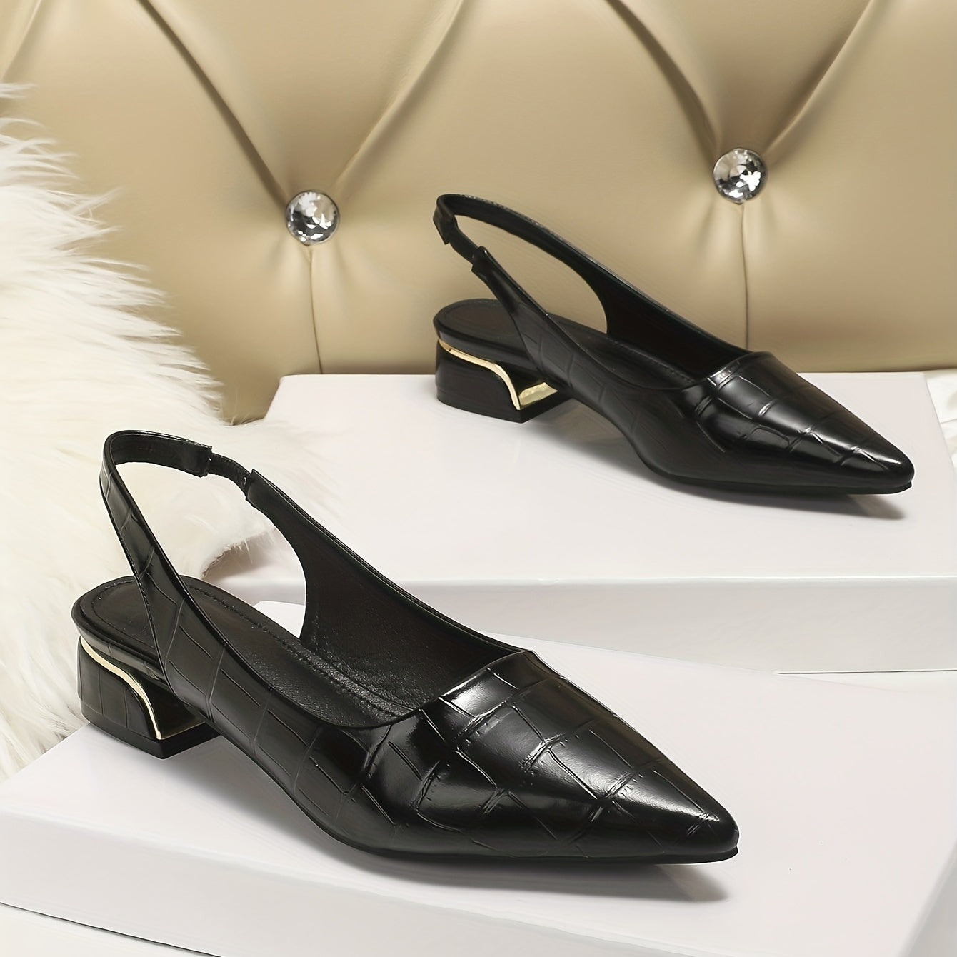 Low Heeled Slingback Sandals Pointed Toe Elastic Slip On Shoes