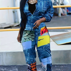 Colorblock Denim Print Mock Neck Jumpsuit