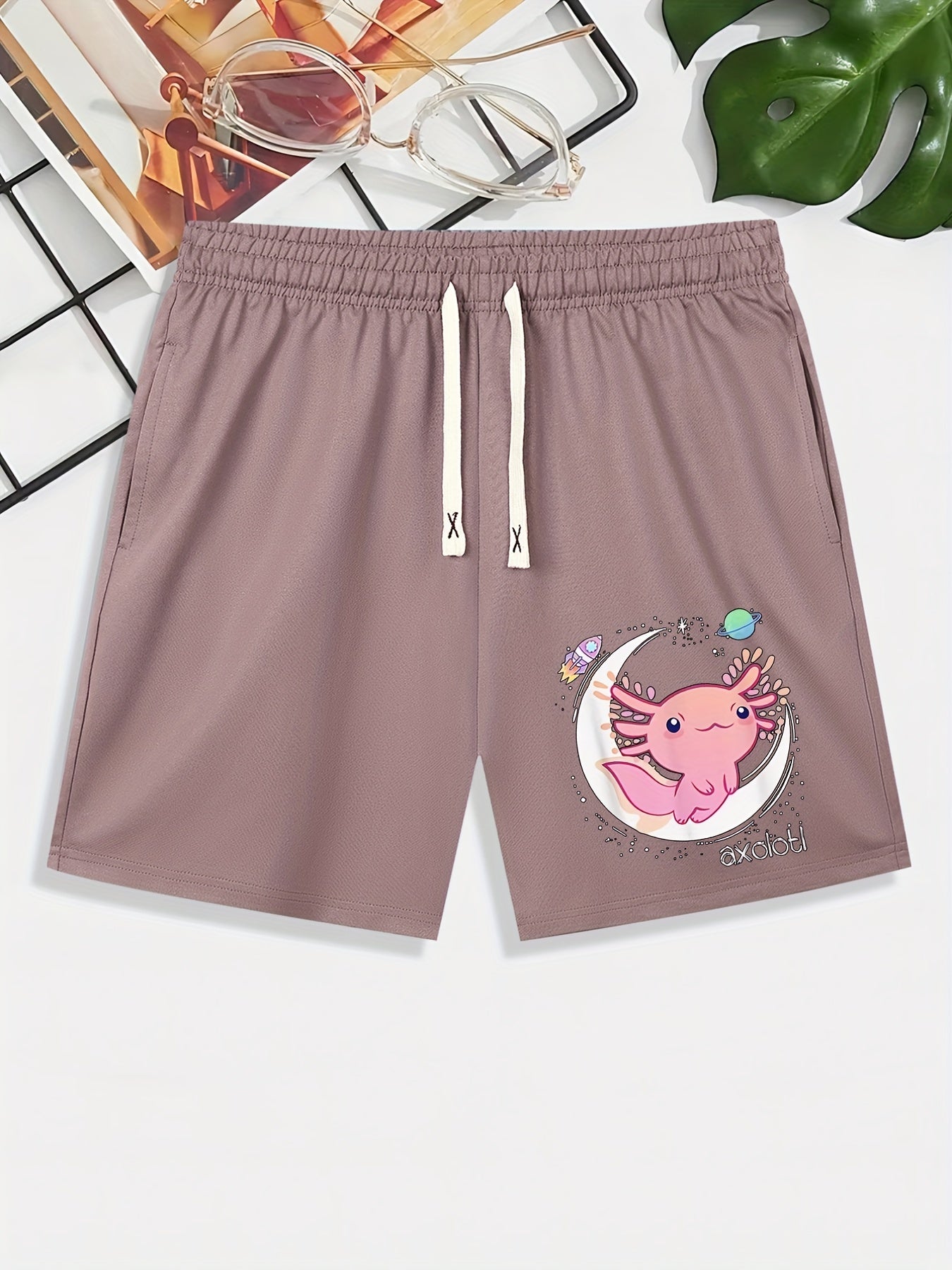 Axolotl Moon Rocket Pattern Comfy Men's Casual Elastic Waist Shorts