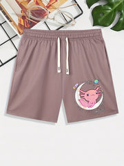 Axolotl Moon Rocket Pattern Comfy Men's Casual Elastic Waist Shorts