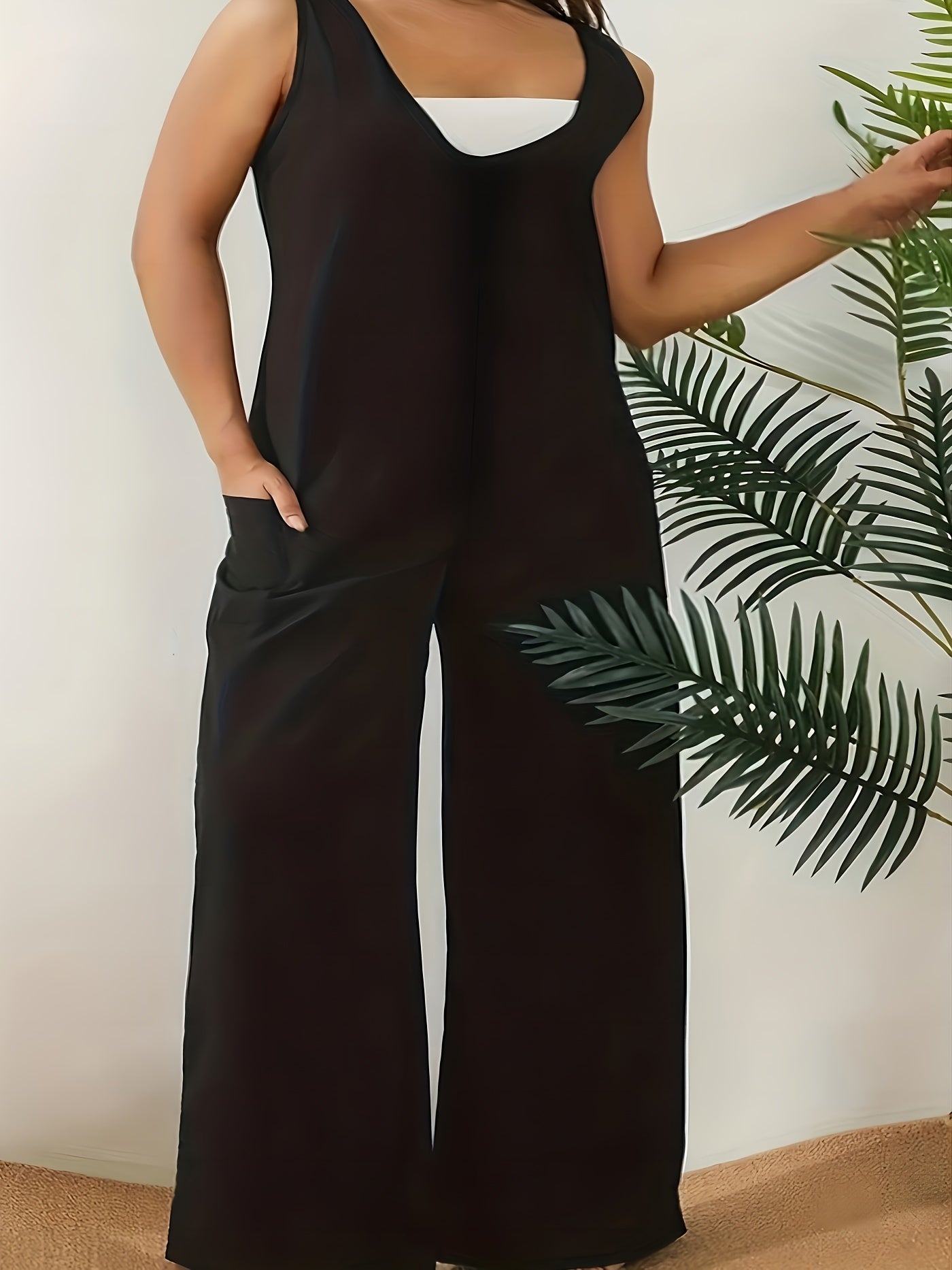V Neck Wide Leg Tank Jumpsuit With Pockets