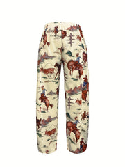 Western Style Plus Size Cartoon Print Wide Leg Pants