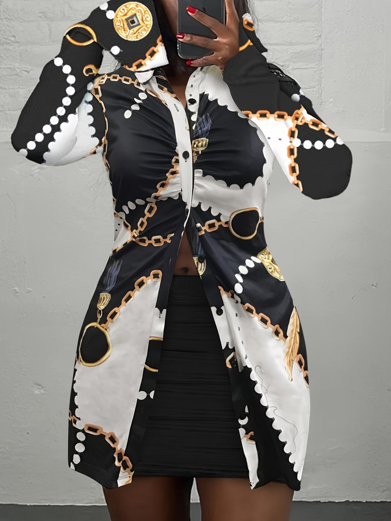 Chain Print Blouse & Solid Skirt 2 Piece Set