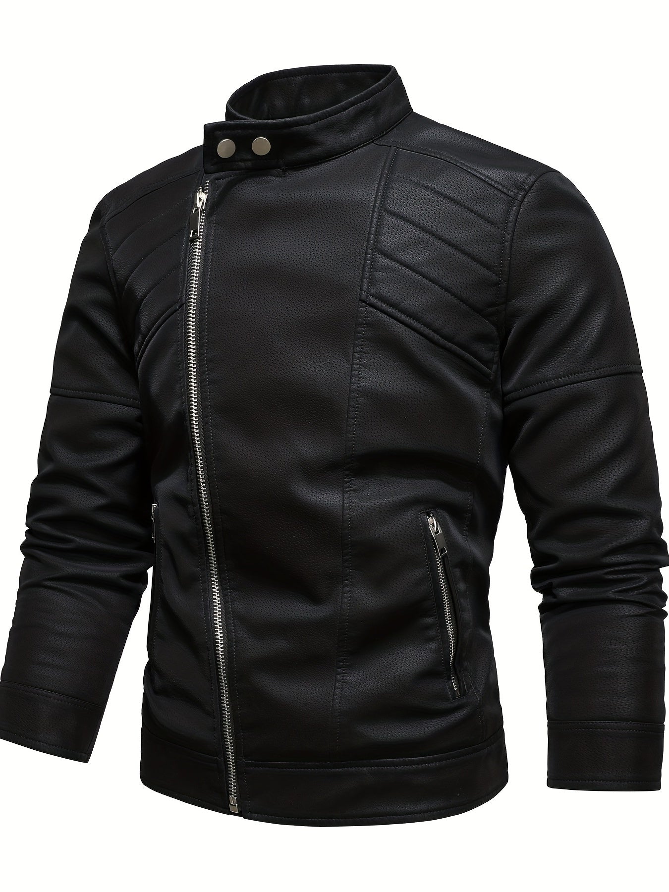 Men's PU Leather Fleece Winter Jacket with Diagonal Zipper